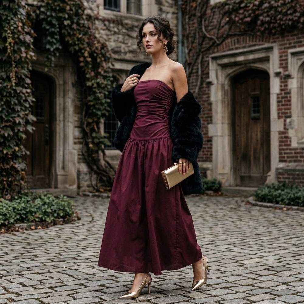 Strapless Drop Waist Maxi Dress Mulberry Burgundy US 10 NWT Wedding Cocktail
